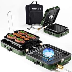 AFFLUENT 2 Burner Propane Camping Stove with Grill and Storage Bag- A Must - Have Camp Stove Propane! Foldable, Featuring Two Adjustable Burners Ideal Portable Camping Stove for Camping & BBQ(Green)