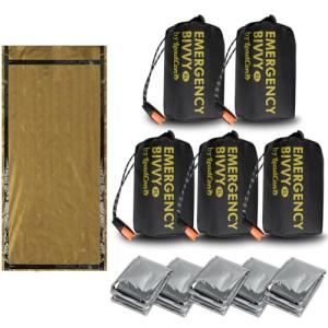 LeadCon 5 Pack Extra Large Emergency Sleeping Bags with Survival Whistle, Aluminized PE Survival Gear Supplies for Camping Hiking. Emergency Blankets for Survival