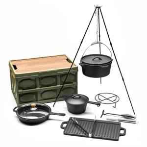 8 Piece cast iron dutch oven camping set. 4.5 Qt cast iron pot with lid and Lifter Handle；2.1qt pot handle with lid；10In Pans ；Camping Tripod with；Grill Cookware Skillet Sets，Car carry-on storage box