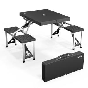 VINGLI 4Ft Portable Folding Picnic Table Camping Table Foldable Set with 4 Seats with Umbrella Hole Suitcase Card Table-220 Lbs Support Aluminum Frame, Plastic RV Tabletop for Yard, Travel