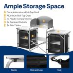 VIVOHOME Folding Camping Kitchen Station Table with Storage Organizer, 2 Side Tables, Stainless Steel Windscreen, Outdoor Portable Cook Station for BBQ, Picnics