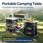 VIVOHOME Folding Camping Kitchen Station Table with Storage Organizer, 2 Side Tables, Stainless Steel Windscreen, Outdoor Portable Cook Station for BBQ, Picnics