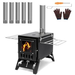 Portable Wood Burning Tent Stove for Camping & Hunting, Hot Tent Wood Stove for Outdoor Cooking & Heating, Foldable Legs & 5 Stainless Steel Chimney Pipes, Drying Rack & Gloves Included