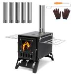 Portable Wood Burning Tent Stove for Camping & Hunting, Hot Tent Wood Stove for Outdoor Cooking & Heating, Foldable Legs & 5 Stainless Steel Chimney Pipes, Drying Rack & Gloves Included