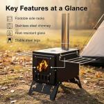 Portable Wood Burning Tent Stove for Camping & Hunting, Hot Tent Wood Stove for Outdoor Cooking & Heating, Foldable Legs & 5 Stainless Steel Chimney Pipes, Drying Rack & Gloves Included