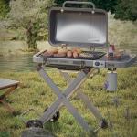 FEASTO Portable Propane Gas Grill with Folding Cart & 13000 BTUs Burner, 360 Sq. In. Cast Iron Cooking Grates, Side Table, 8" Wheels, Stainless Grease Tray for Outdoor BBQ, Camping & Tailgating, Grey