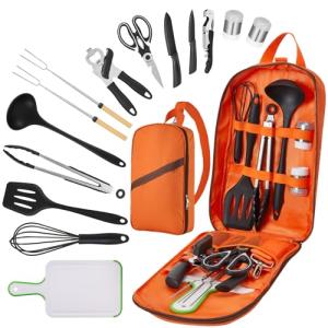 Hozzen Camping Cooking Utensil Set - Car Camping Essentials Cooking Gear for Outdoor Kitchen Grilling, Stainless Steel & Silicone Ideal Gift for RV Tent Camper, Picnics, BBQs