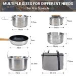 KingCamp Camping Cookware Set, 304 Stainless Steel Campfire Cooking Pots Pan and Kettle with Travel Tote Bag for Camping Outdoor Kitchen Cooking Picnic for 4-6