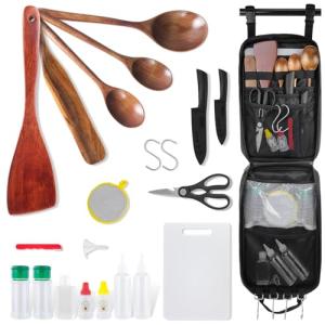 Camping Cooking Cookware Set - Upgraded 22PCS Camp Kitchen Organizer with Wooden Utensils, Portable Gear for Outdoor Dining Essentials