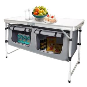 CampLand Outdoor Folding CampingTable with Aluminum Lightweight Height Adjustable with Storage Organizer Picnic Table for BBQ, Party, Camping (White)