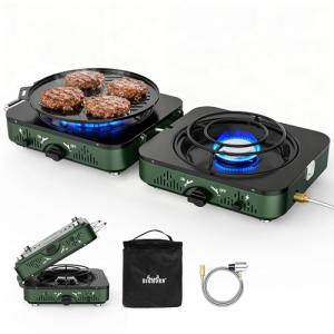 BIG HORN OUTDOORS 2 Burner Propane Camping Stove, Portable Camp Stove, Folding Gas Stove, Includes Frying Pan & Carry Bag for Camping, Emergency Use and Outdoor Cooking