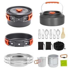 Camping Cooking Set Camp Cookware, Kitchen Pots and Pans Set - Backpacking Equipment Hiking Cooking Set - Portable 300ml + 150ml Water Cup with Handle - Carabiner - Dishcloth - 2 Folding Cutlery
