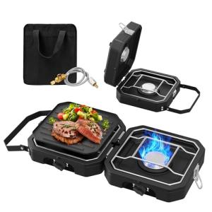Camping Stove Portable Propane Camp Stove with Independently Adjustable Heat & Carry Bag, Foldable Gas Stove with 2 Burners for Outdoor Cooking,Tailgating & Backyard Gathering,BBQ (Black)