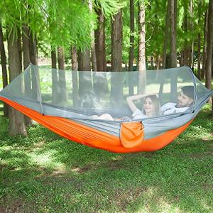 LFL Camping Hammock with Mosquito Net, Hammocks with 13ft Tree Straps Carabiners, Automatic Quick Open Outdoor Portable Hammock, Nylon Parachute Material Outside Hammocks (Orange)