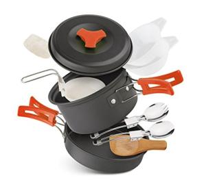 12 PCS Lightweight Camping Cookware Set – Non-Stick Pots, Pans & Utensils for Backpacking, Hiking & Outdoor Cooking – Compact Mess Kit for 2-3 People (Orange, Aluminum)