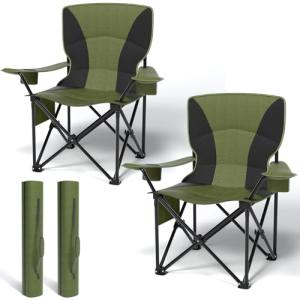 Heavy Duty Folding Chair 500LB Capacity, Oversized Camping Chairs with Cup Holder, Cooler Bag & Storage Pouch, Double-Layer Fabric, Outdoor Chairs for Sports, Lawn Chairs (2, Black Green, Oversized)