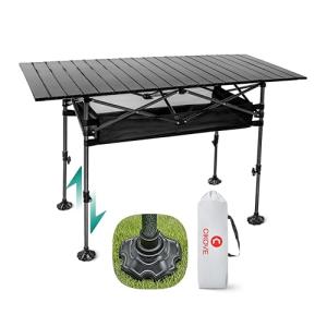 CIKOVE Height Adjustable Camping Table Tall Large Outdoor Folding Camping Table with Wide-Base Anti-Sink Legs & Carry Bag for Camping BBQ Beach Backyard (Black)