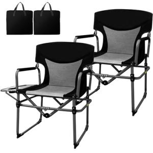 Romswi Director Chairs for Outdoor, Folding Camping Chair, Compact Directors Chair Side Table and Side Bag, Heavy Duty Oversize Seat for Beach Fishing Picnic Chairs, Holds up to 300 lbs Black 2 Pcs