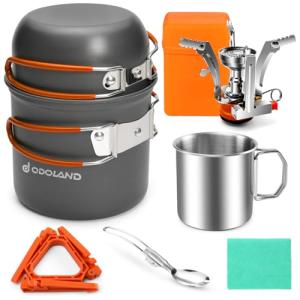 Odoland 8pcs Camping Cookware Mess Kit, Camping Pot and Pan Set with Mini Backpacking Stove, Stainless Steel Cup, Spork and Tank Bracket, Cooking Gear for Outdoor, Hiking, Picnic, Campfire, Red