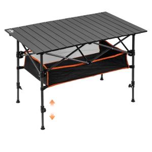 Night Cat Camping Table with Storage Basket Foldable Picnic Table for Outdoor Indoor Lightweight Rustless Adjustable Height 1.7-3ft BBQ Garden Backyard 75KG 37x22in
