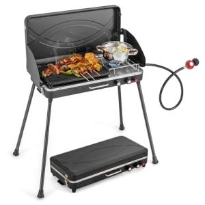 Giantex Portable Propane Grill & Camping Stove, 20,000 BTU Gas Camping Grill Burner, Independent Temperature Control, 3-Sided Wind Guard, Detachable Legs, for BBQ, Tailgating, Outdoor Cooking (Black)