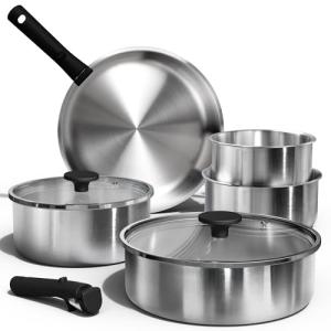 CAROTE Pots and Pans Set, Stainless Steel Cookware Set Detachable Handle, 9pcs Induction Kitchen Cookware Sets with Removable Handle, RV Cookware Set, Oven Safe