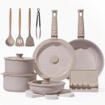 USELUCK 21 Pcs Ceramic kitchen Cookware Set,Nonstick Pots and Pans with Removable Handles Stackable Camping Cookware Dishwasher&Oven Safe Frying Pan,Taupe