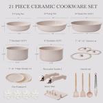 USELUCK 21 Pcs Ceramic kitchen Cookware Set,Nonstick Pots and Pans with Removable Handles Stackable Camping Cookware Dishwasher&Oven Safe Frying Pan,Taupe
