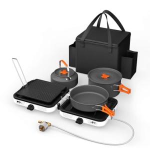 Hisencn Camping Stove,2 Burner Propane Stove,20000 BTU/h Camping Cooking set Includes Frying Pan,Kettle and Pot,Adjustable Burners & Piezo Ignition,Portable stove for camping Outdoor,White