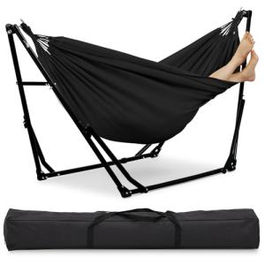 OVASTLKUY 2 in 1 Hammock with Stand, Outdoor Hammock Swing Chair with Portable Heavy Duty Stand, Multi-Functional Hammock Stand 480 lbs Weight Capacit-Black