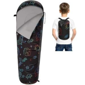 FIOBEE Kids Sleeping Bag for Girls Boys 3 Season Warm & Cool Weather 41-60.8℉ Camping Sleeping Bags with Backpacking Bag for Traveling Hiking Indoor Outdoor Camping Essentials Gear, Black Space