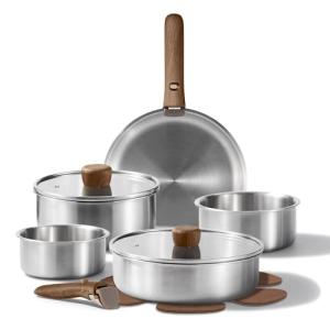 CAROTE 13pcs Tri-Ply Stainless Steel Cookware Set with Detachable Handle, Pots and Pans Set, Induction Kitchen Cooking Sets, RV/Camping Cookware, Oven Safe, Woodgrain Style