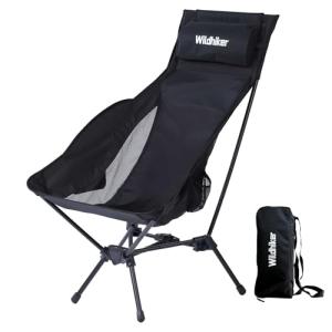 Wildhiker Portable Compact Folding Camping Chairs – Lightweight High Back with Pillow, Deep Recline, ArmPads, Side Pockets-for Motorcycle, RV, Backpacking, Travel, Festival – Black