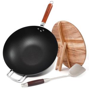 SUMEIGUAN 13.5" Carbon Steel Wok Pan with Wooden Lid Standable,Pre-Seasoned Flat Bottom Woks & Stir-fry Pans Chinese Cookware Compatible with Induction, Gas Pan-fry,Stir Fry, Steam, BBQ & Camping