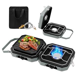 Camping Stove Portable Propane Camp Stove with Independently Adjustable Heat & 2 Burners, Foldable Gas Stove with Carry Bag for Outdoor Cooking,Tailgating & Backyard Gathering（Gray）