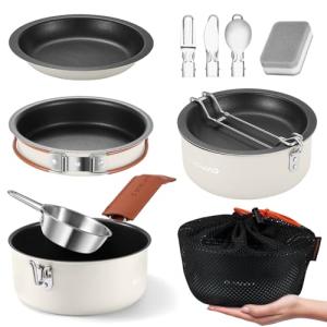 Odoland 10pcs Camping Cookware Non-Stick Camping Pot and Pan Set with Plate Bowl Fork Knife Spoon for Backpacking, Hiking, Outdoor Cooking and Picnic