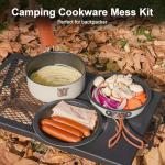 Odoland 10pcs Camping Cookware Non-Stick Camping Pot and Pan Set with Plate Bowl Fork Knife Spoon for Backpacking, Hiking, Outdoor Cooking and Picnic