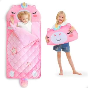 iPlay, iLearn Kid Sleeping Bag, Unicorn Slumber Sack, Toddler Girl Nap Mat, 2 in 1 Pink Animal Cushion Blanket, Happy Travel Sleepover Daycare Preschool Birthday Gift for 3 4 5 6 Year Old Child