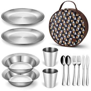 Odoland Stainless Steel Camping Mess Kit for Family & 2 Person, Cooking Tableware Utensils with Plates Bowls Forks Spoons Knives & Savings Bag for Camping, Backpacking, Hiking, Picnic, 2 Person Set