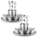 Odoland Stainless Steel Camping Mess Kit for Family & 2 Person, Cooking Tableware Utensils with Plates Bowls Forks Spoons Knives & Savings Bag for Camping, Backpacking, Hiking, Picnic, 2 Person Set