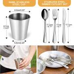 Odoland Stainless Steel Camping Mess Kit for Family & 2 Person, Cooking Tableware Utensils with Plates Bowls Forks Spoons Knives & Savings Bag for Camping, Backpacking, Hiking, Picnic, 2 Person Set