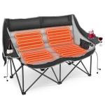 Suteck Heated Double Camping Chair, Camping Loveseat W/3 Heat Levels & 4 Heating Zones, Portable Heated Folding Chair for Outdoor Camping, Sports, Lawn, Support 660lbs, Battery NOT Included