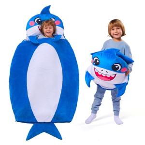 JOIEDOMI Kids Sleeping Bag Toddler Nap Mat with Pillow & Blanket 60" x 39" for Kids Ages 3+ Soft Plush Sleeping Mat Shark for Preschool and Boys Girls Kindergarten Daycare Sleepover