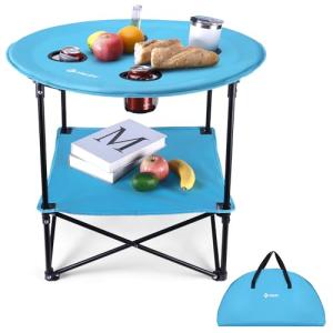 VILLEY Folding Camping Table, Lightweight Double-Layer Round Table with 4 Cup Holders and Carry Bag, Portable Beach Table for Camp, Travel, Fishing, Outdoor Activities, Blue