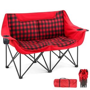 Teenyyou Double Camping Chairs Padded Loveseat Chair for 2 Person, Heavy Duty Oversized Camping Couch for Adults Outdoor Lawn Beach, Portable Folding Sofa with Cup Holders and Carry Bag