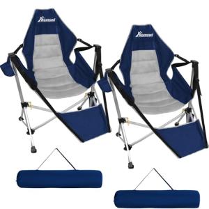 Romswi 2-Pack Aluminum Hammock Chair with Footrest, Oversized Portable Folding Swinging Chair with Adjustable Back & Seat, Lightweight Rocking Camp Chair Supports 440lbs for Outdoor, Patio - Blue