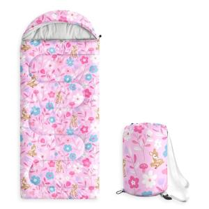 Wake In Cloud - Kids Sleeping Bag for Girls Toddlers, Camping in Warm Cold Weather, Backpacking Lightweight Compact Outdoor Liner for 3 Seasons, Deer Floral Garden, Pink