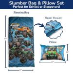 Jay Franco Kids Slumber Bag and Pillow - 54 x 27 Inch Comfy Indoor Sleeping Bag for School and Sleepovers, 2 Piece Set, Blue - Monster Jam