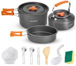 NutriChef Camping Cookware Set - Lightweight Nonstick Pots, Pans, Utensils, Bowls, Cutlery, and Cleaning Tools with Mesh Bag, Foldable Handles, Compact Outdoor Cooking Gear for Hiking & Travel (Grey)