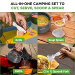 NutriChef Camping Cookware Set - Lightweight Nonstick Pots, Pans, Utensils, Bowls, Cutlery, and Cleaning Tools with Mesh Bag, Foldable Handles, Compact Outdoor Cooking Gear for Hiking & Travel (Grey)
